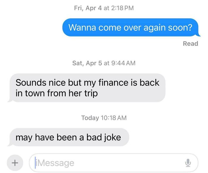 A screenshot of bad dating texts, showing a person declining an invite because their fiance is back.