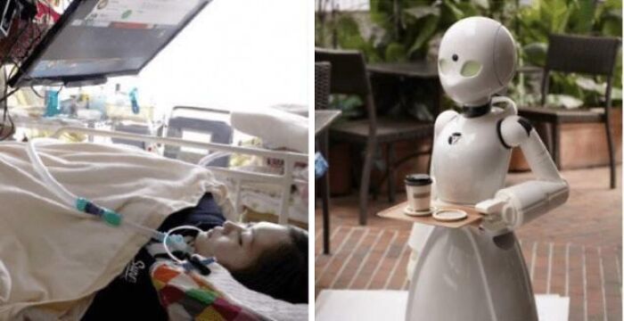 A bedside patient uses a display while a robot serves coffee, showcasing genius ideas for everyday problems.