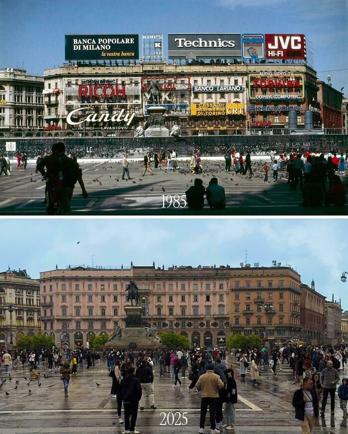 A comparison of a city square in 1985 and 2025, showing changes in businesses and advertising, a genius idea.