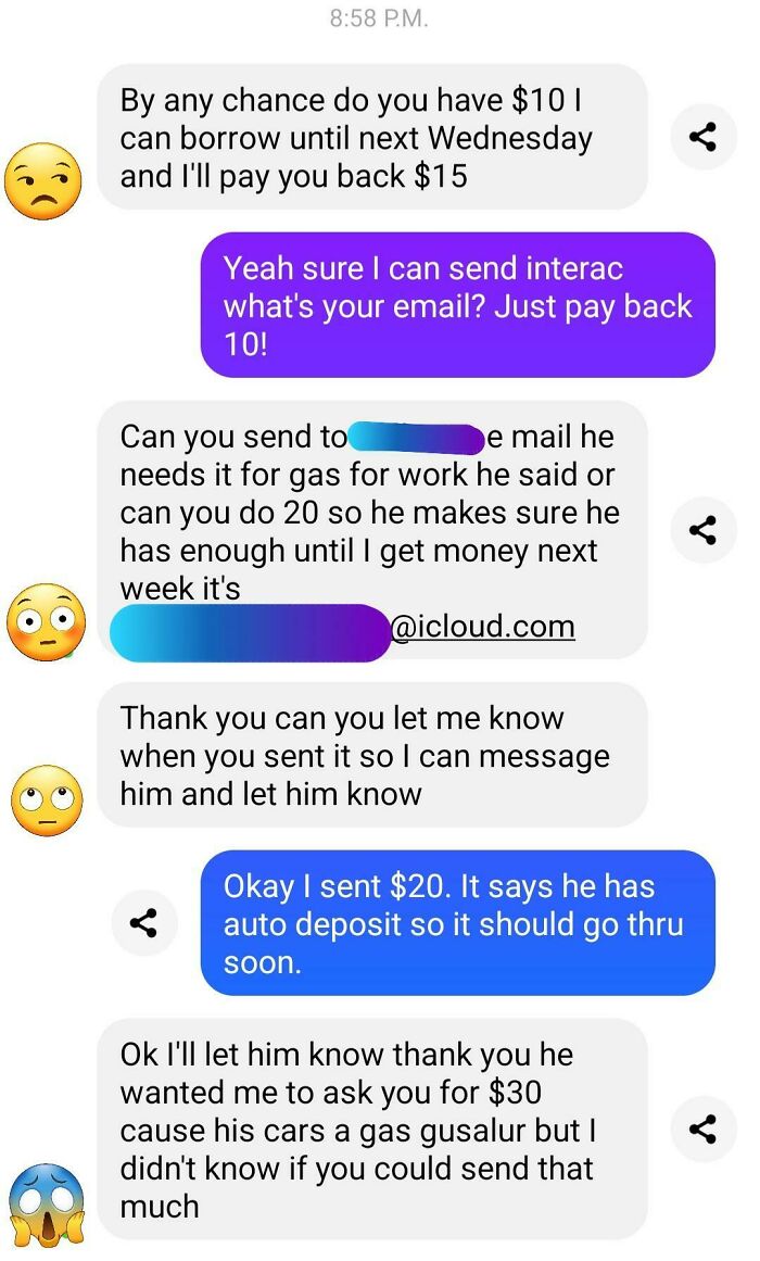 A text message conversation showing a person who thinks they are the main character asking for money and then increasing the request.