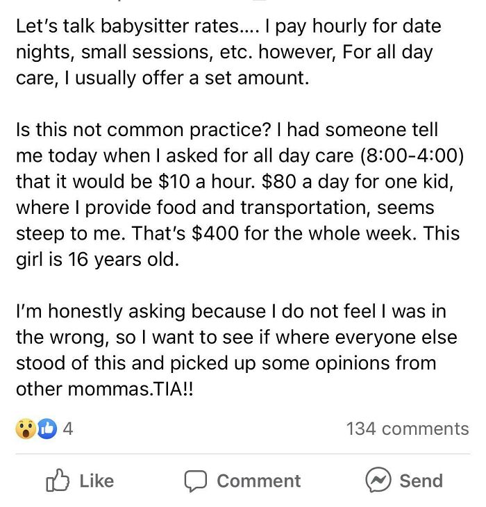 A social media post discussing babysitter rates, with the poster questioning standard practices, acting like the main character.