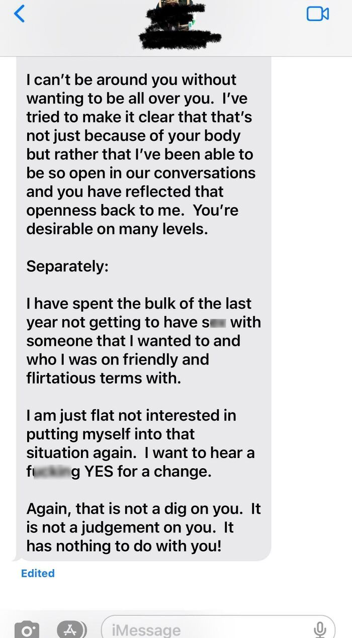 A screenshot of a dating text conversation where one person expresses strong desire and a wish for a clear YES, while explaining past frustrations.