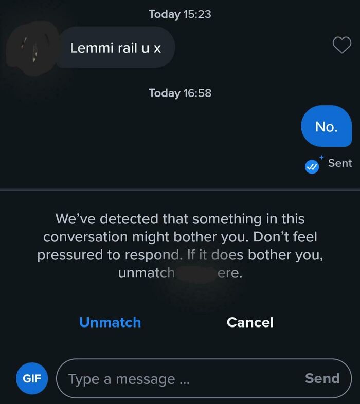 Screenshot of dating texts with a detected inappropriate message and an option to unmatch.