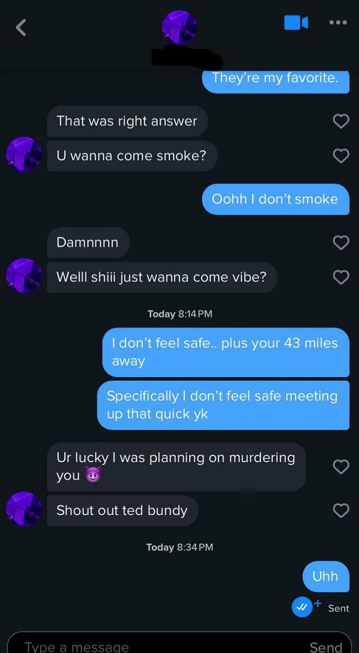 A screenshot of a dating text conversation showing unsettling and possibly dangerous messages exchanged.