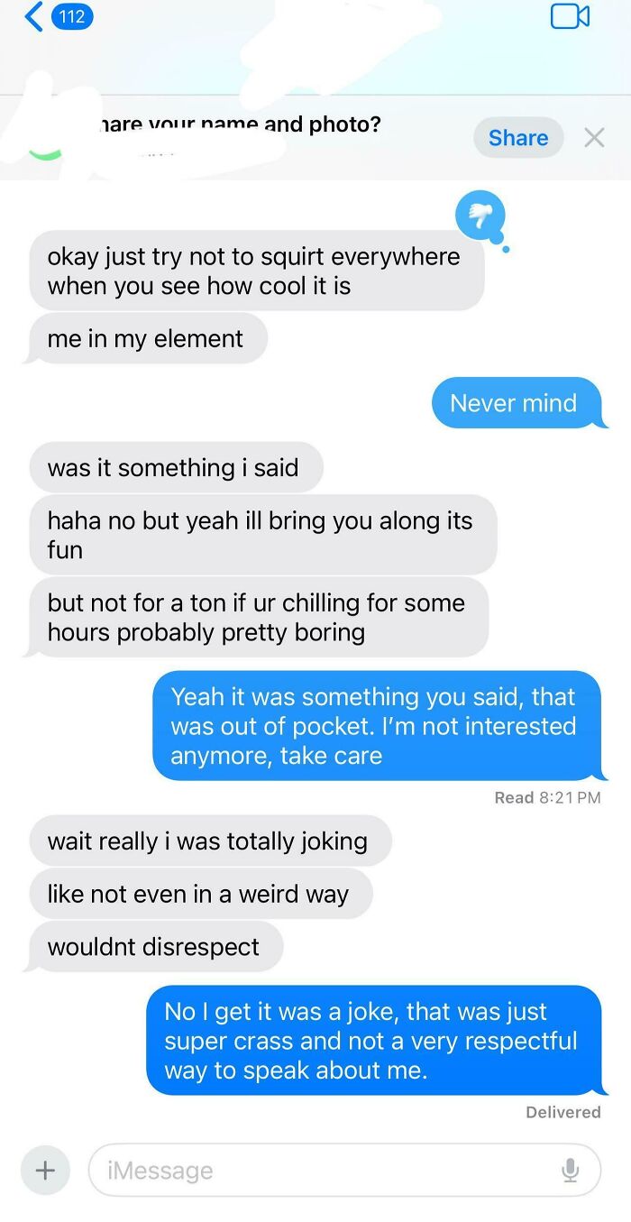 A screenshot of bad dating texts, showing a recipient ending a conversation due to a crass and disrespectful joke.