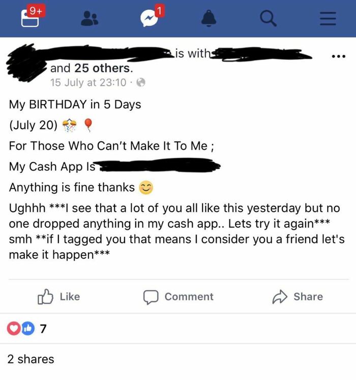 A social media post asking for money for a birthday, showing people who think they are the main character.