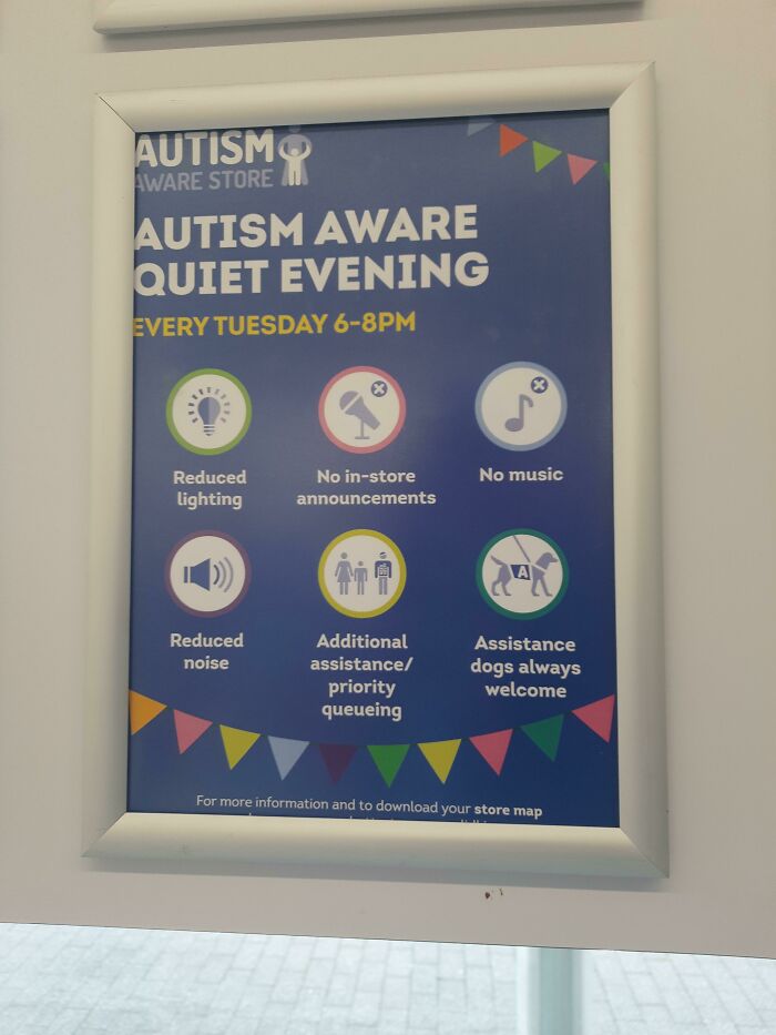 An Autism Aware Quiet Evening sign with features like reduced lighting and no music, a business solving everyday problems.