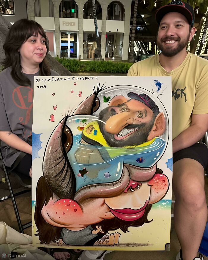 A couple smiling next to a blursed caricature of themselves, showcasing exaggerated features and humor.