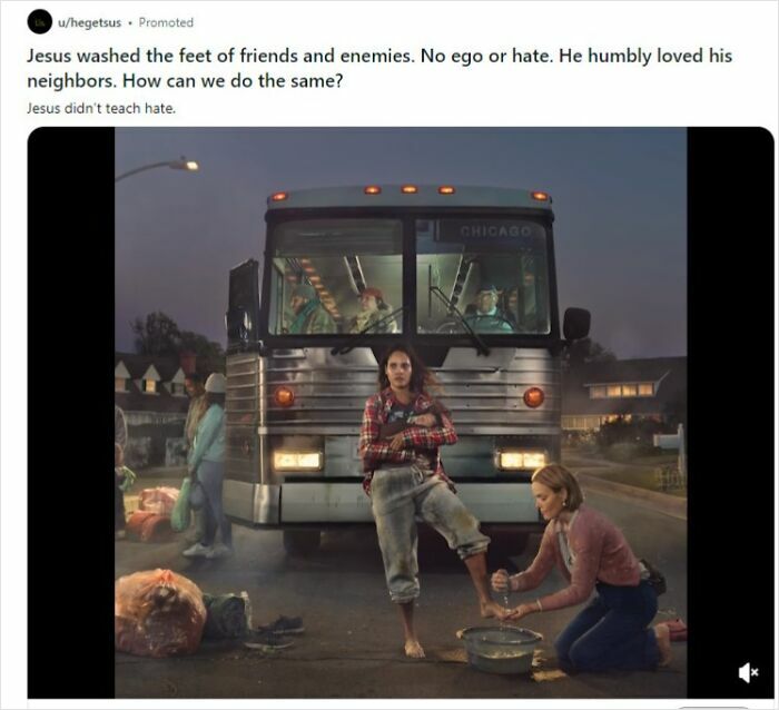 A woman washing another woman's feet in front of a bus, depicting Jesus' message, among commercials people can't stand.