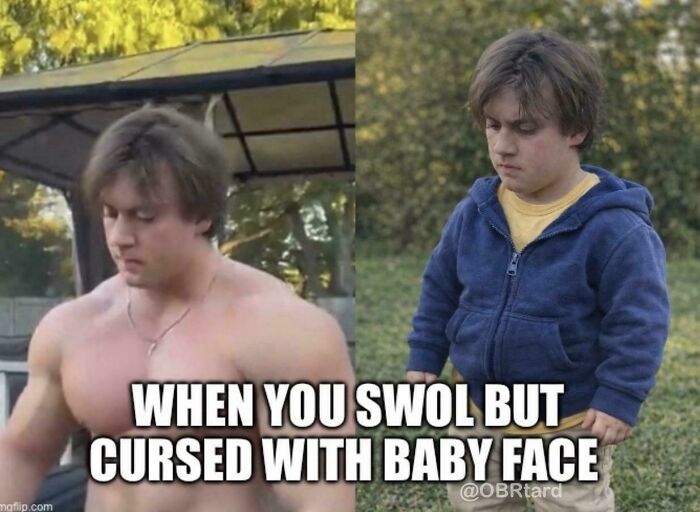 Blursed memes: A bodybuilder with a baby face, showing the humorous contrast of a muscular build and youthful appearance.