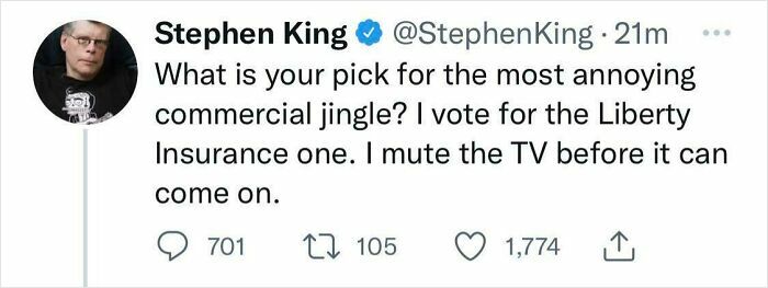 Stephen King's tweet about Liberty Mutual Insurance, expressing his dislike for their commercial jingle.