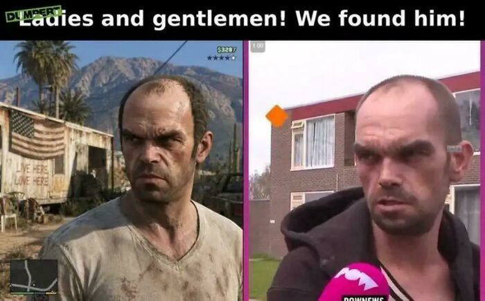 Blursed memes: Side-by-side comparison of GTA 5 character Trevor and a real-life lookalike.