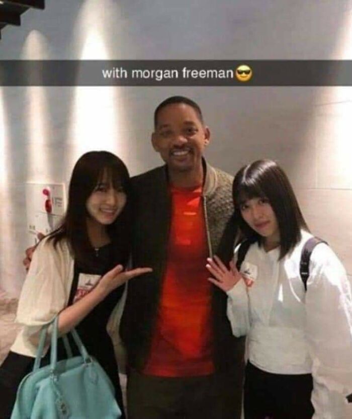 Blursed memes: Will Smith with two women, captioned with Morgan Freeman, a humorously mistaken identity.