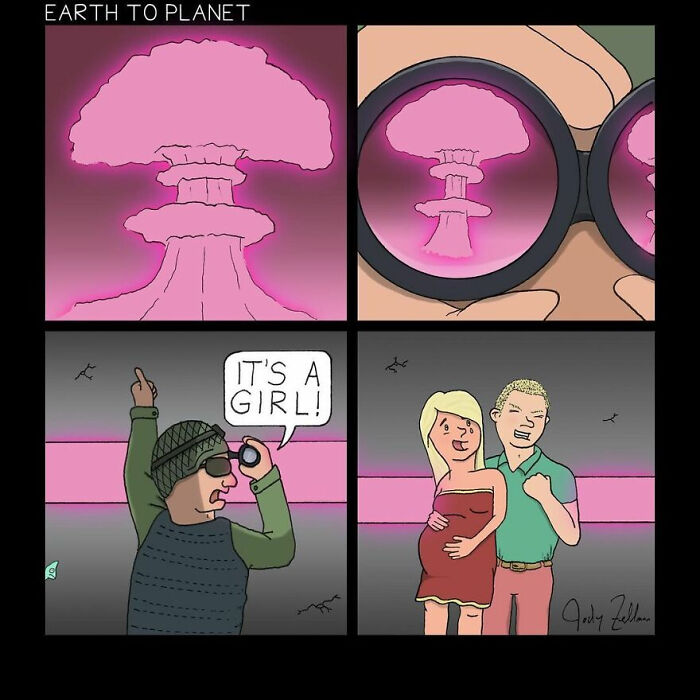 A blursed meme depicting a pink mushroom cloud from a gender reveal, with a couple and a man saying It's a Girl.
