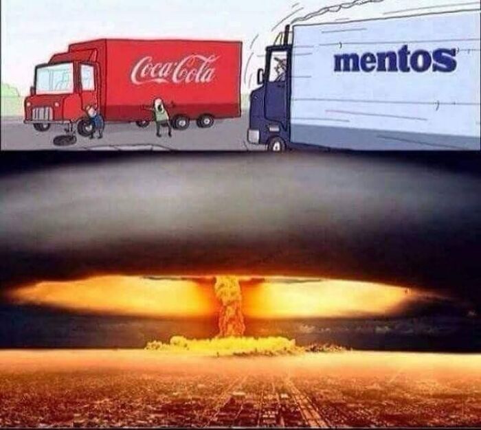 A blursed meme illustrating a Coca-Cola truck and a Mentos truck about to collide, resulting in a massive explosion.