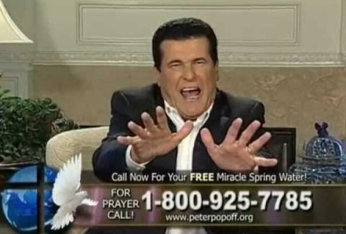 A man passionately speaking during a televangelist commercial people cant stand, with an on-screen call to action.