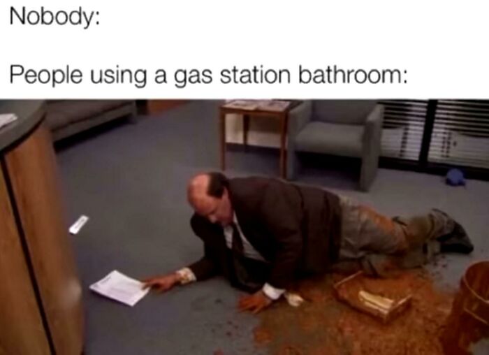 A blursed meme depicting a man slipping on a messy bathroom floor, symbolizing gas station bathroom experiences.