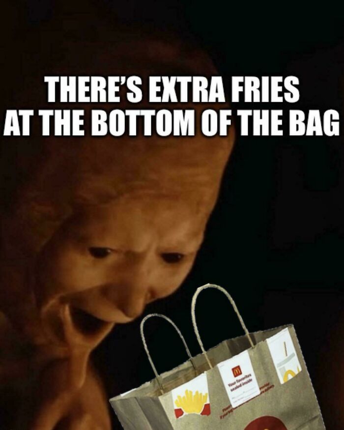 A blursed meme of a creature with wide eyes and open mouth looking into a McDonald's bag, excited about extra fries.