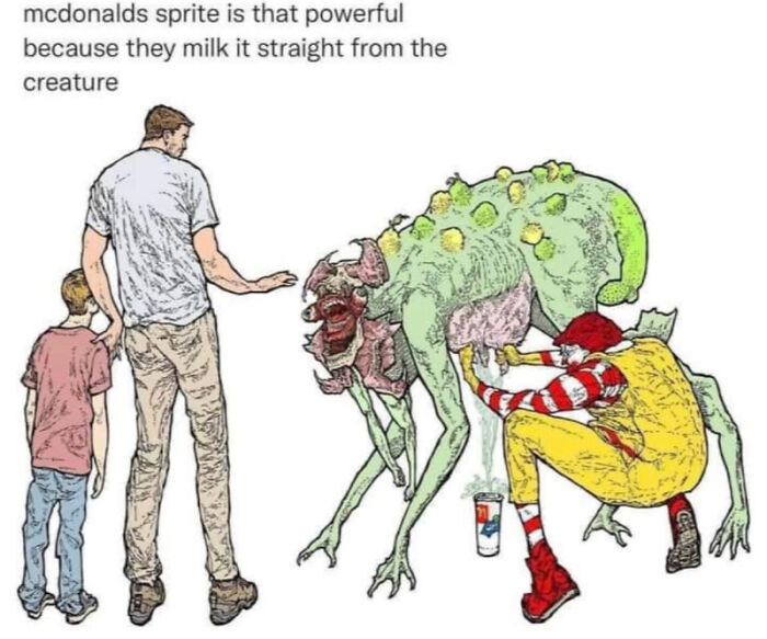 A blursed meme depicting Ronald McDonald milking a grotesque creature for Sprite.