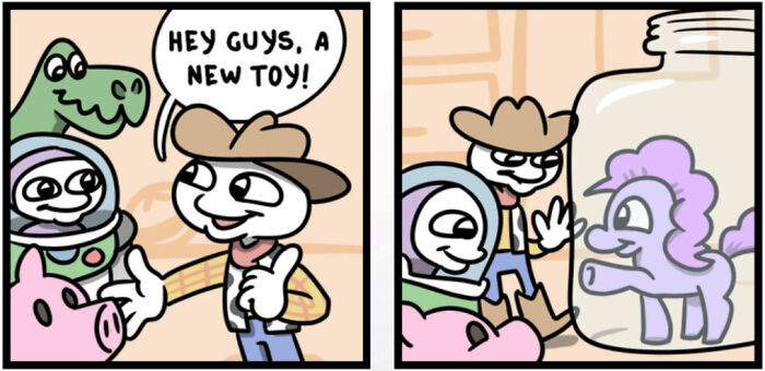 A blursed meme comic strip showing animated toy characters finding a My Little Pony in a jar.