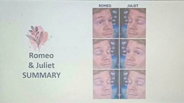 A blursed meme showing Romeo and Juliet with faces swapped, creating a funny and unsettling image.