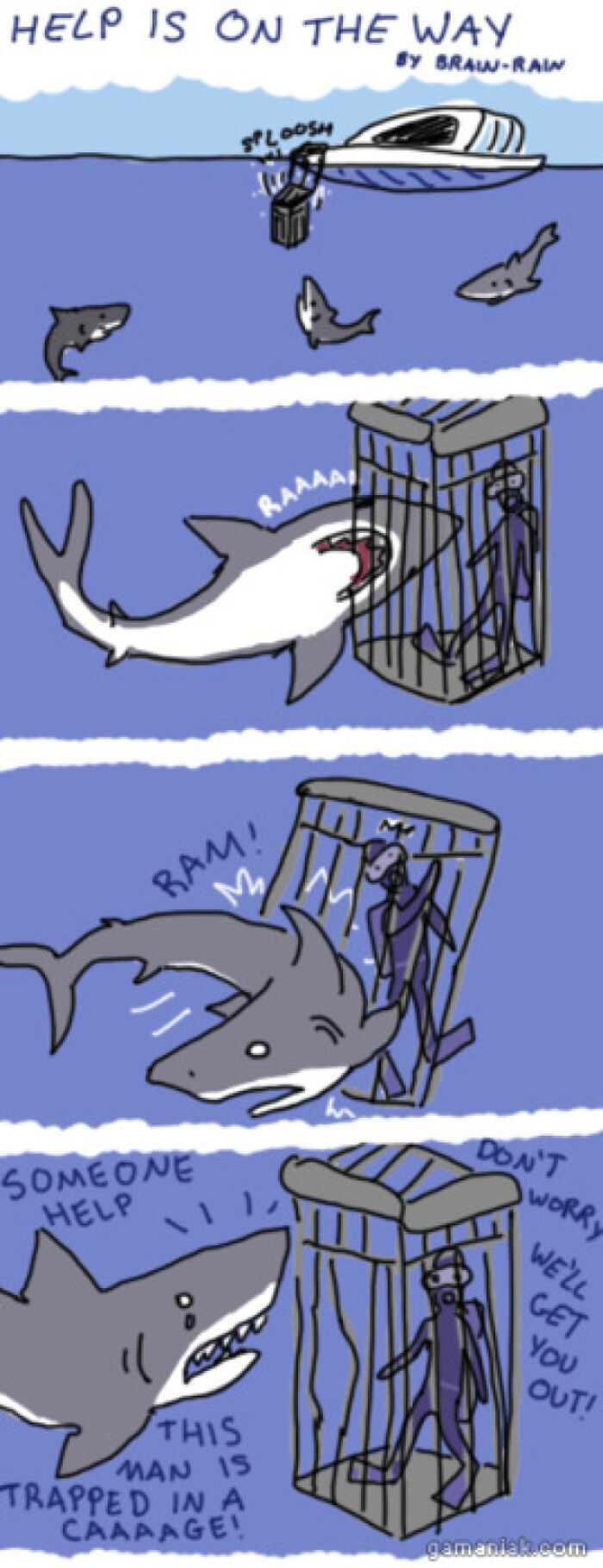 A comic strip Blursed meme where a person in a cage is rescued by sharks, who think the person is trapped.