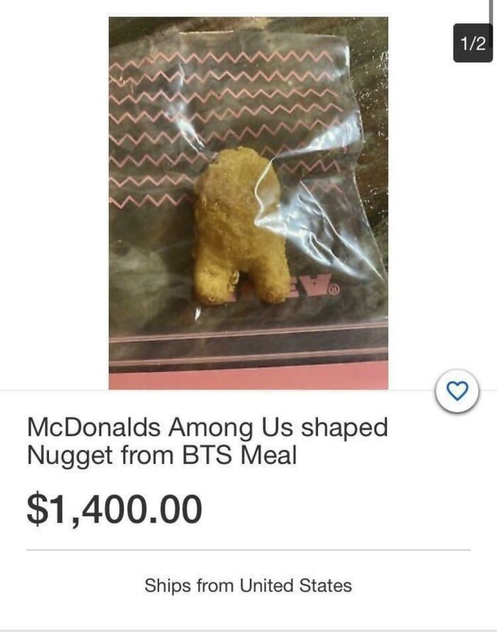 An eBay listing for a Blursed Among Us shaped chicken nugget from a BTS meal, priced at $1,400.