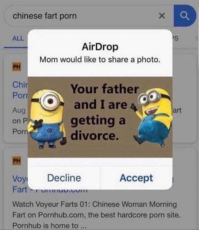 A blursed meme with an AirDrop notification over a search page, showing Minions announcing a divorce.
