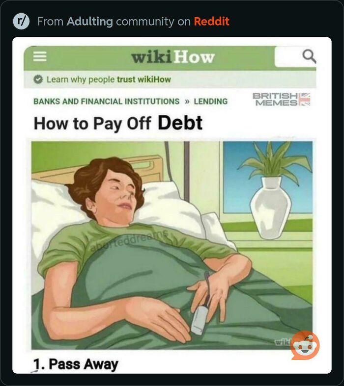A blursed meme from wikiHow showing 'How to Pay Off Debt' with step 1 being 'Pass Away'.