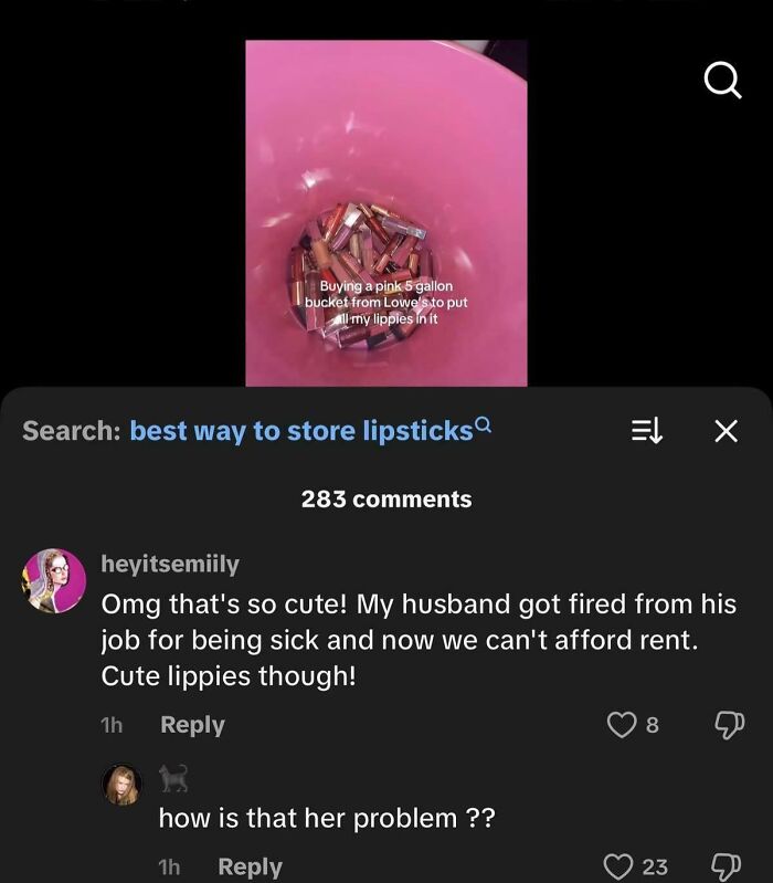 Unhinged things shared: a pink bucket overflowing with lipstick tubes, with a user's comment about job loss.