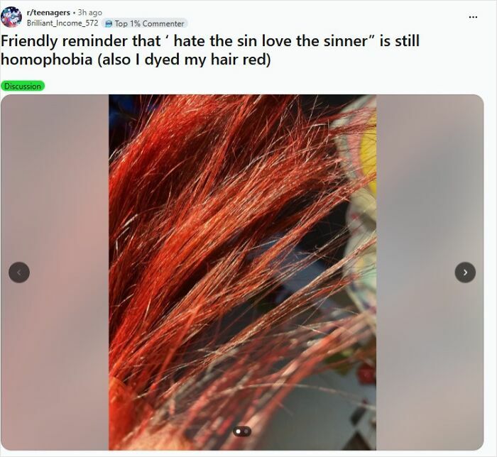 A Reddit post about unhinged homophobia and a user sharing that they dyed their hair red.