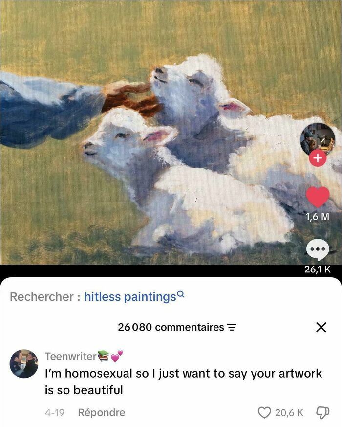 A painting of lambs, with an unhinged comment about the artwork's beauty and the commenter's sexuality.