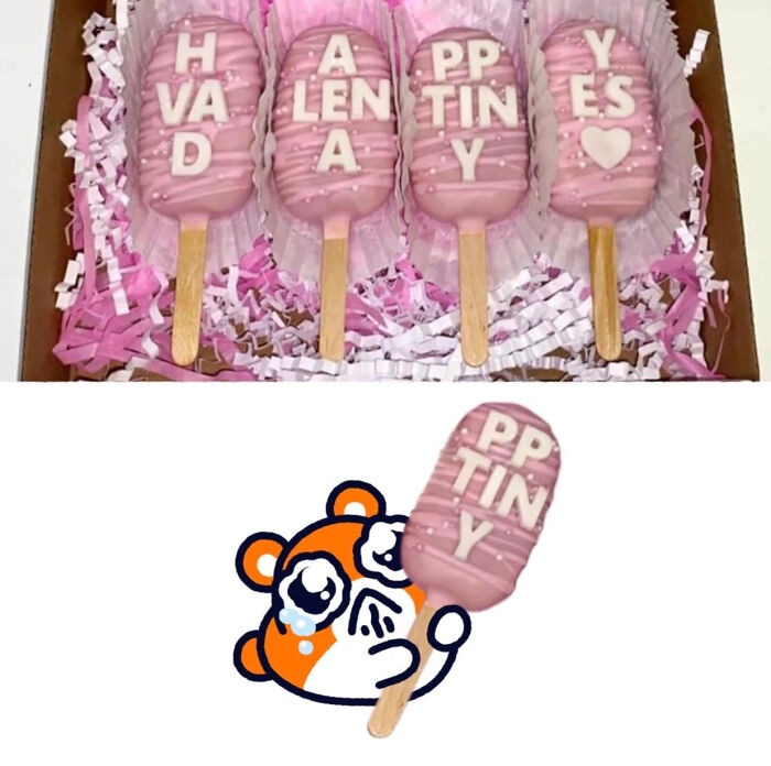 A blursed meme showing pink Valentine's Day cake pops and a crying cartoon character holding one.