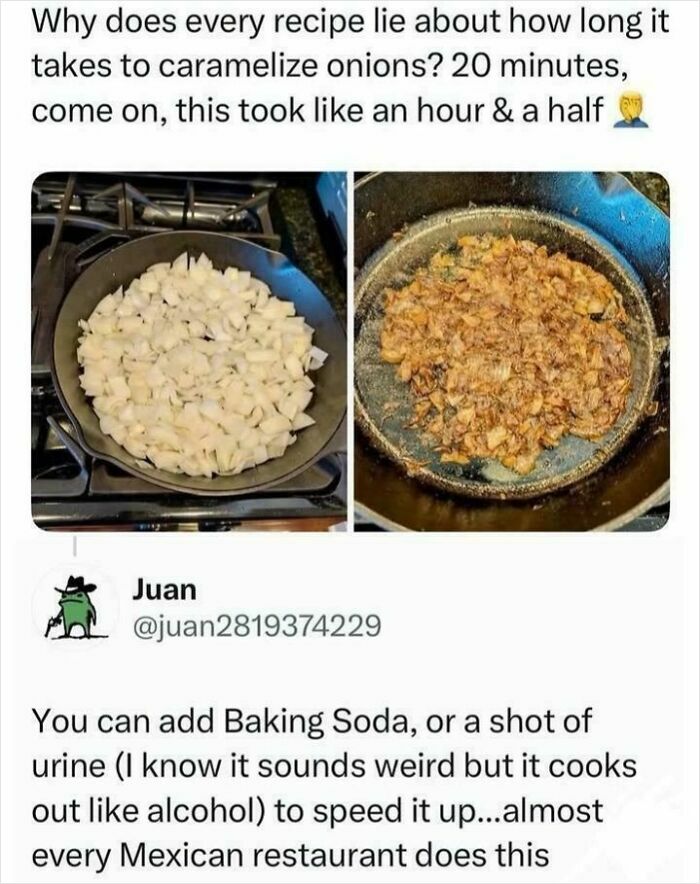 A split image of onions being caramelized, showing white diced onions on the left and browned onions on the right. Below, a person shares unhinged tips to speed up the process.