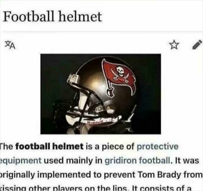A Wikipedia page about a football helmet with an unhinged, humorous description, an example of things people shared.