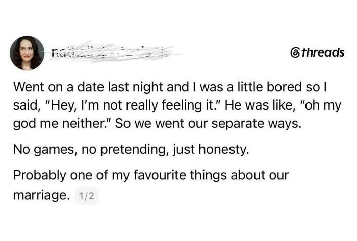 A blursed meme showing a Threads post about a couple honestly ending a date and realizing they're married.