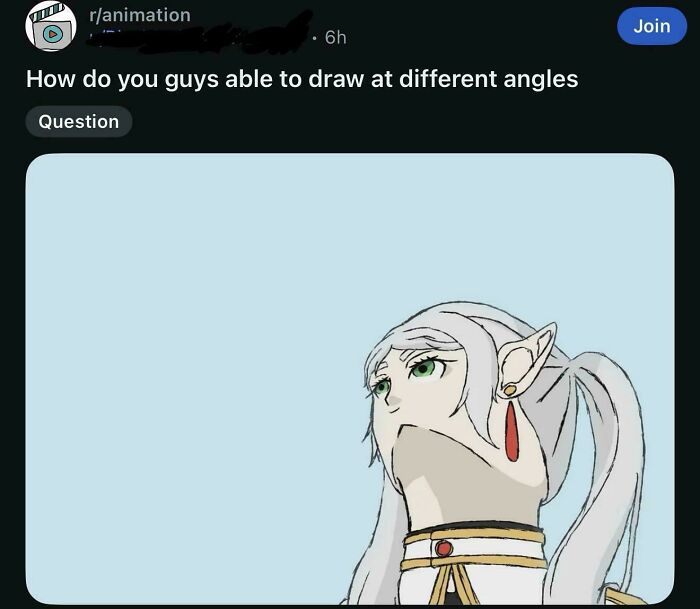 An illustration of a woman with an oddly angled head, questioning how to draw at different angles, creating a blursed meme.