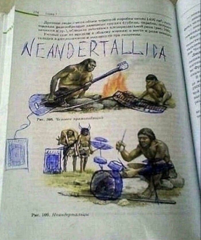 A page from a textbook humorously titled NEANDERTALLICA, showing cavemen playing musical instruments, creating blursed memes.