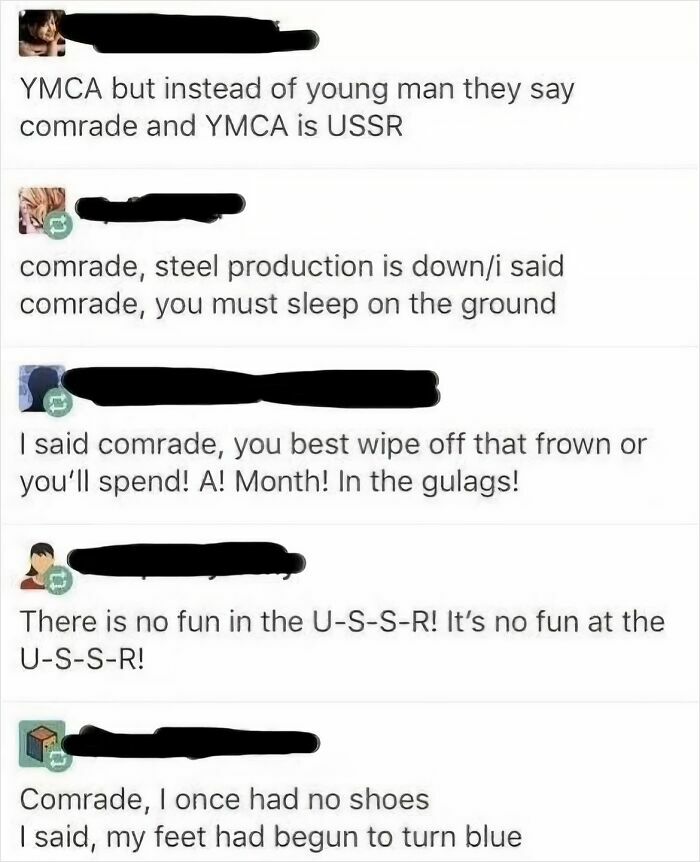 Tumblr posts reimagining the song YMCA with Soviet Union themes and lyrics about gulags, displaying internet chaos.