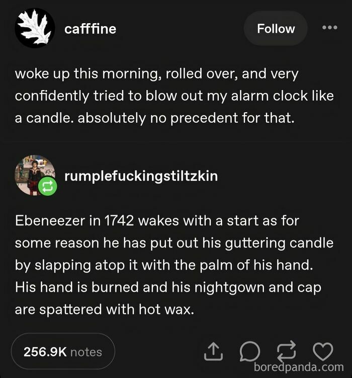 A Tumblr post about internet chaos; someone tries to blow out an alarm clock, prompting a historical parallel.