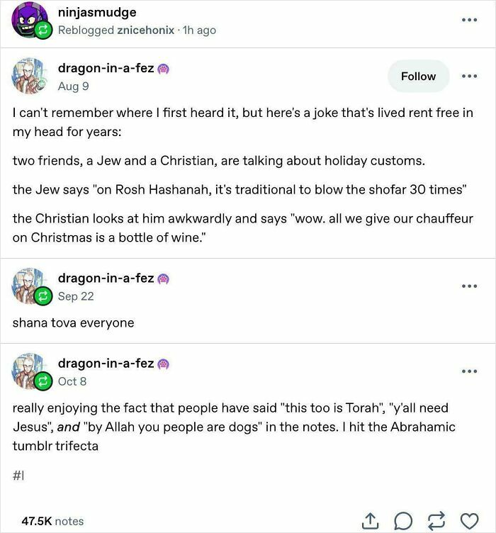 A Tumblr post sharing a joke about holiday customs and a funny response about Internet chaos.