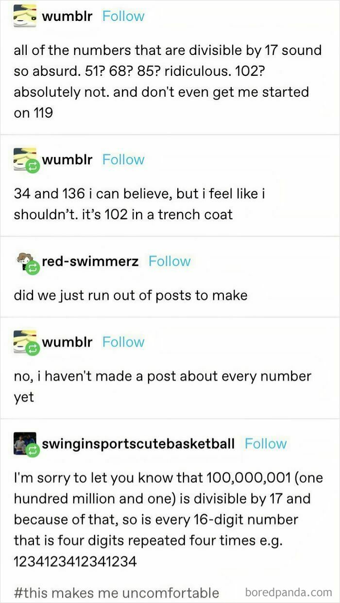 Tumblr posts showcasing internet chaos with discussions about numbers divisible by 17 and related absurdity.
