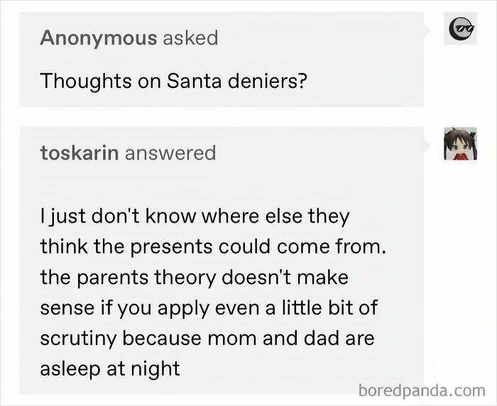Tumblr post about Santa deniers and where presents come from, contributing to Internet chaos and humor.