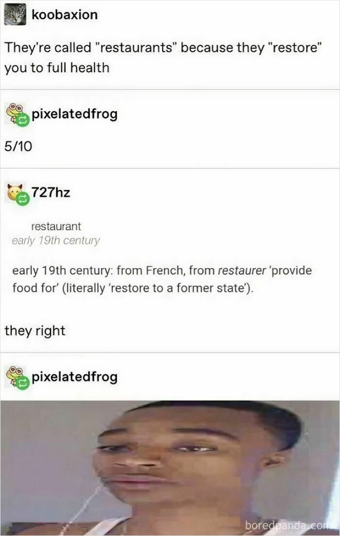 A Tumblr post explaining the origin of the word 'restaurant' and a reaction image of a man looking surprised, displaying internet chaos.