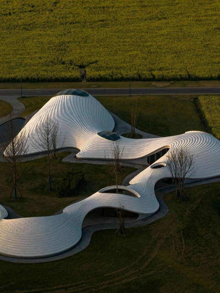 Organic, flowing modern architecture designs amidst green landscape and trees.