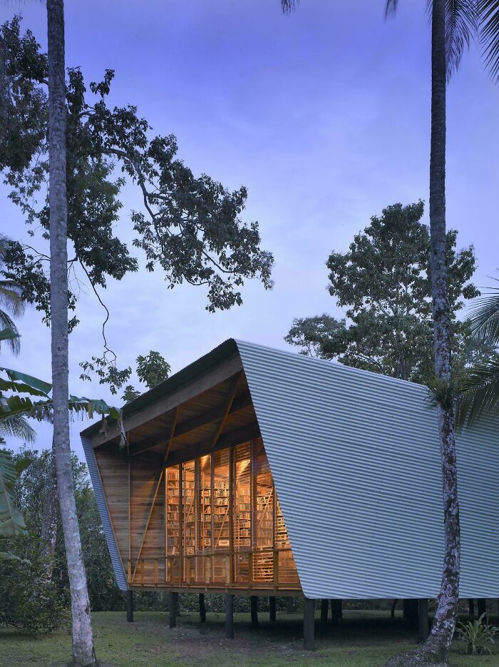 Modern architecture design of a wooden structure nestled among trees, with warm interior lighting visible through large windows.
