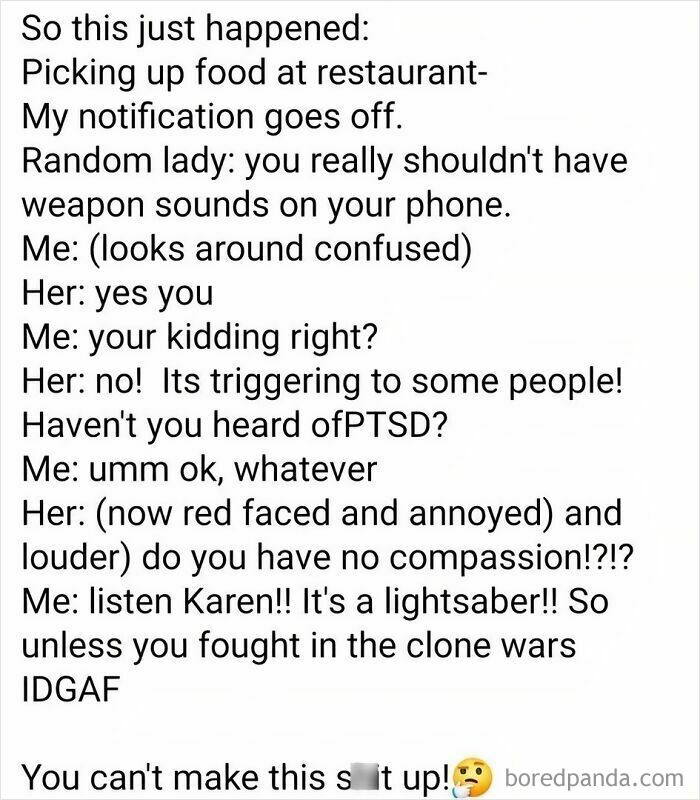 A hilariously embarrassing screenshot of a woman mistaking lightsaber sounds for weapons and triggering a 'Karen' moment.