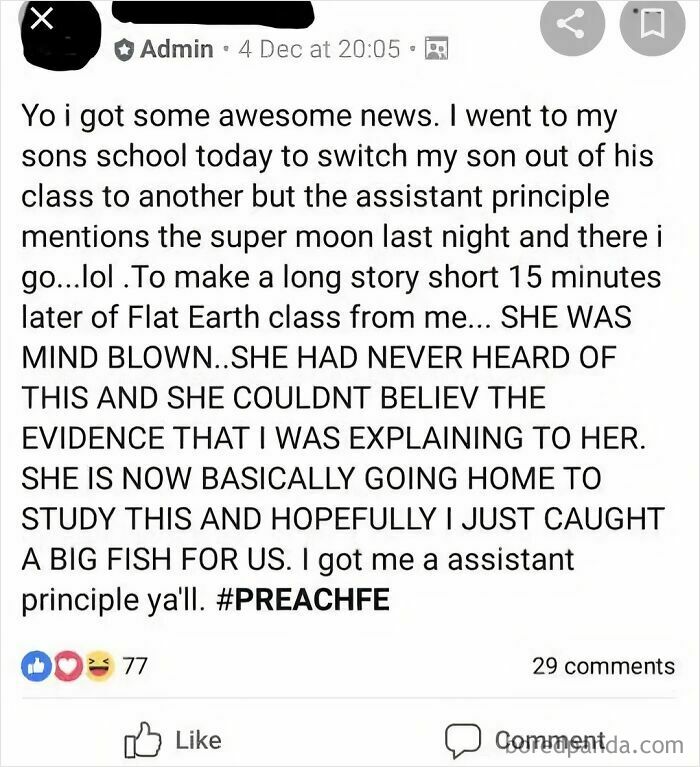 A person lying about teaching a Flat Earth class at their son's school, busted for lying in a funny screenshot.