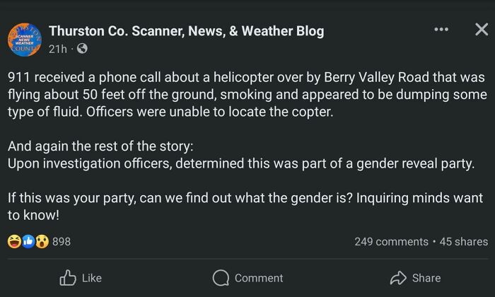 A Facebook post describes a helicopter involved in a gender reveal moment, smoking and dumping fluid, causing judgement.