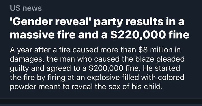 News headline reports a gender reveal moment resulting in a massive fire and a $220,000 fine, highlighting parental judgement.